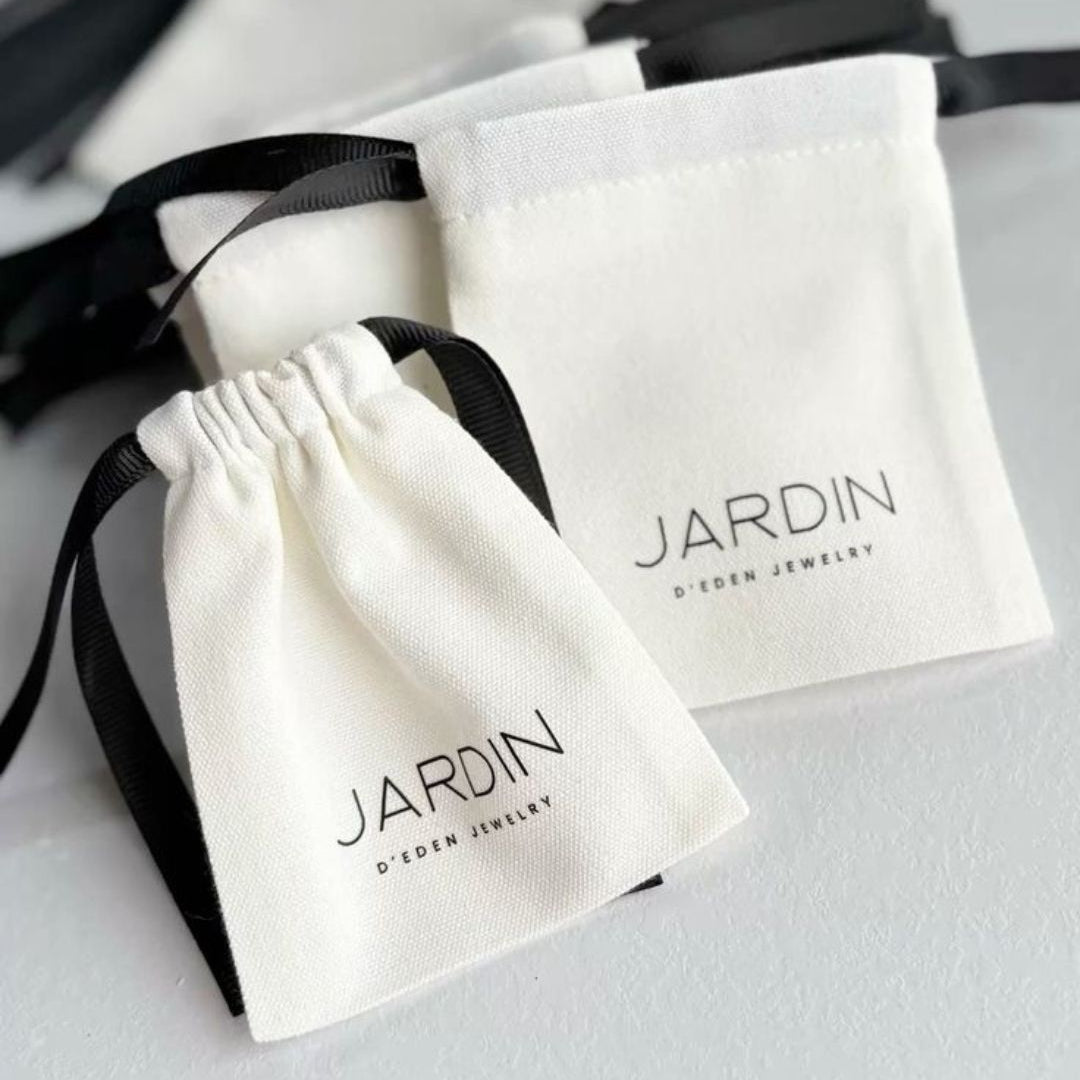 Black Ribbon Drawstring Pouch (White Cotton)