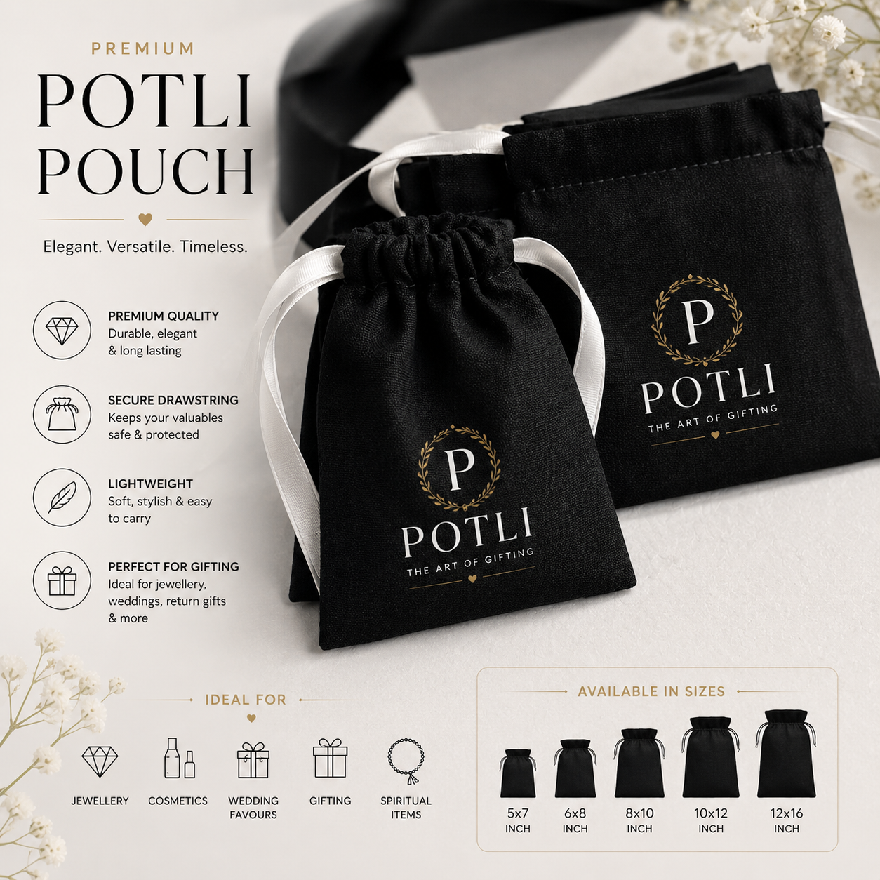 White Ribbon Black Drawstring Pouch (Black Cotton)