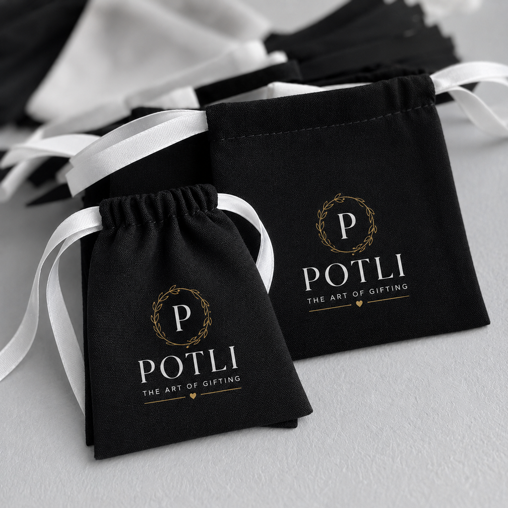 White Ribbon Black Drawstring Pouch (Black Cotton)