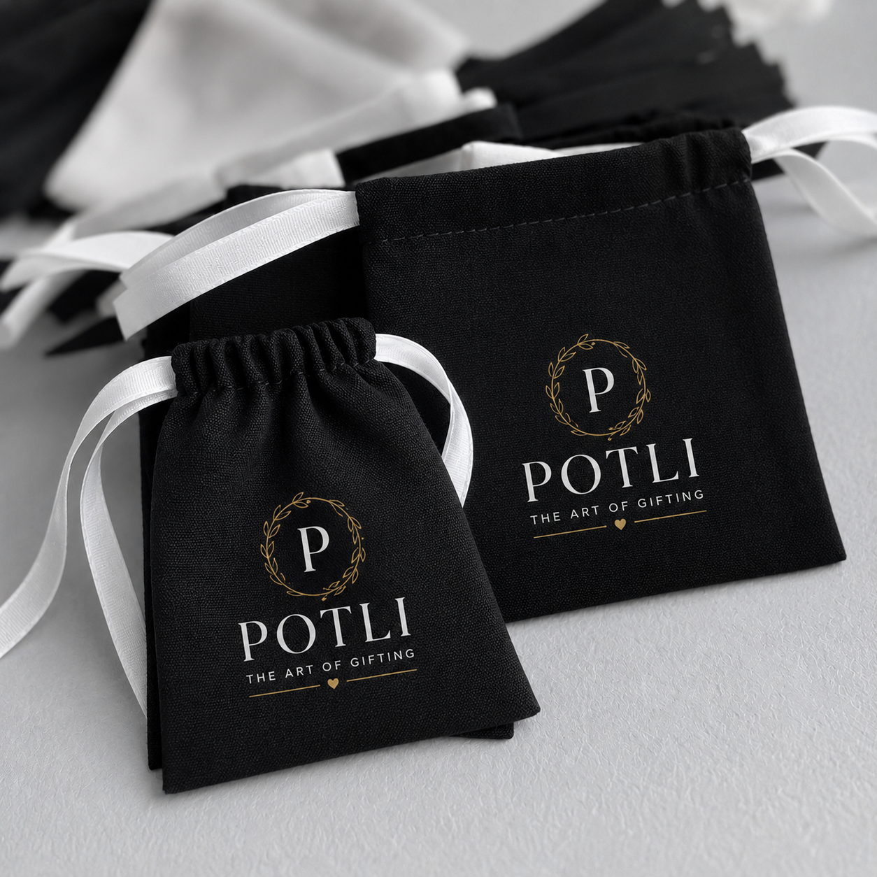White Ribbon Black Drawstring Pouch (Black Cotton)