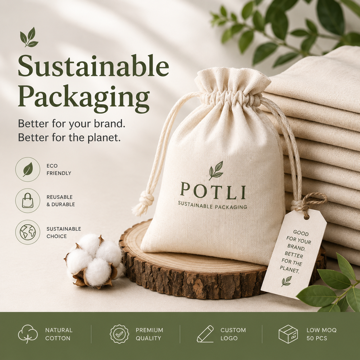 Premium Cotton Packaging That Makes Your Brand Look Expensive (145gsm)|Custom Logo Printing  | MOQ Starts at 50  | Free Shipping Across India