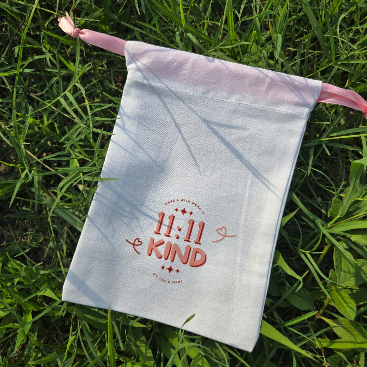 Black Ribbon Drawstring Pouch (White Cotton)
